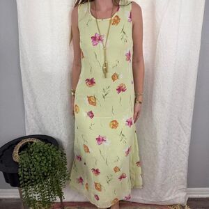 Vintage stunning pastel green floral maxi fairy dress w side slits+ zipper back